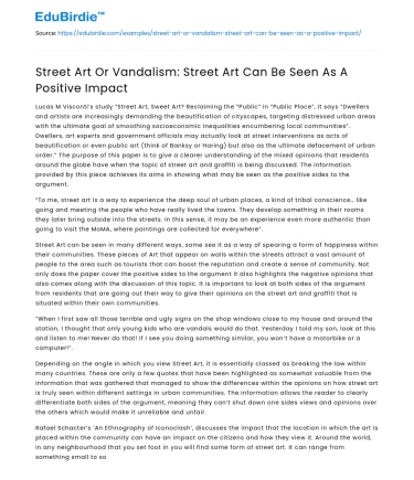 Street Art Or Vandalism: Street Art Can Be Seen As A Positive Impact
