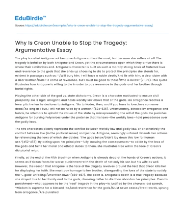Why Is Creon Unable to Stop the Tragedy: Argumentative Essay