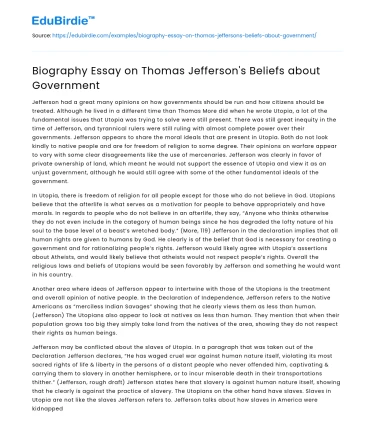 Biography Essay on Thomas Jefferson’s Beliefs about Government