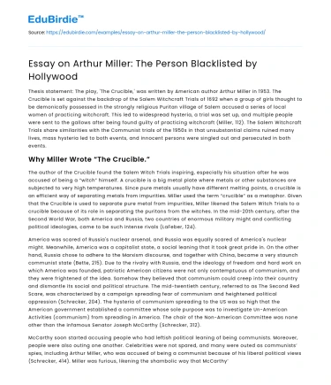 Essay on Arthur Miller: The Person Blacklisted by Hollywood