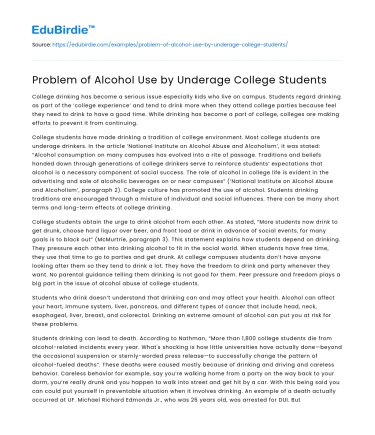 Problem of Alcohol Use by Underage College Students
