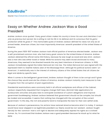 Essay on Whether Andrew Jackson Was a Good President
