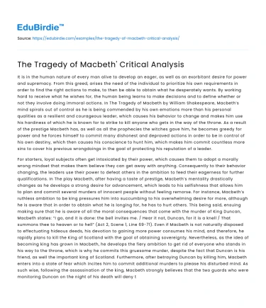 The Tragedy of Macbeth’ Critical Analysis