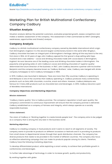 Marketing Plan for British Multinational Confectionery Company Cadbury