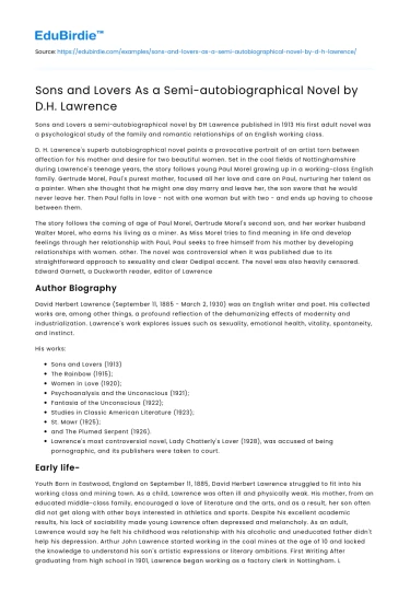 Sons and Lovers As a Semi-autobiographical Novel by D.H. Lawrence