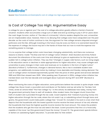 Is Cost of College Too High: Argumentative Essay