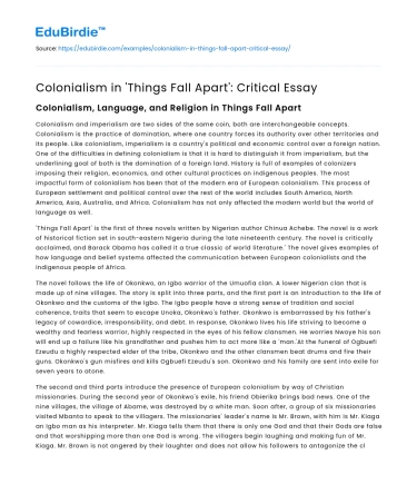 Colonialism in ‘Things Fall Apart’: Critical Essay