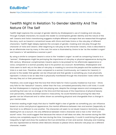 Twelfth Night In Relation To Gender Identity And The Nature Of The Self