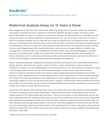 Rhetorical Analysis Essay on ’12 Years a Slave’