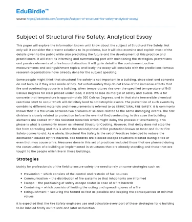 Subject of Structural Fire Safety: Analytical Essay