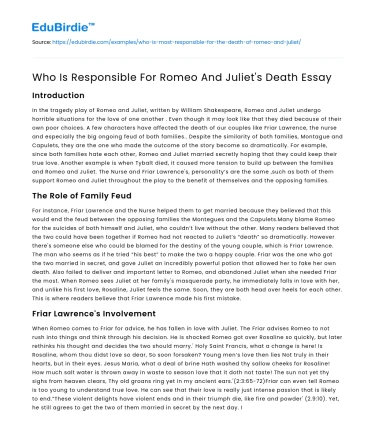 Who Is Responsible For Romeo And Juliet’s Death Essay