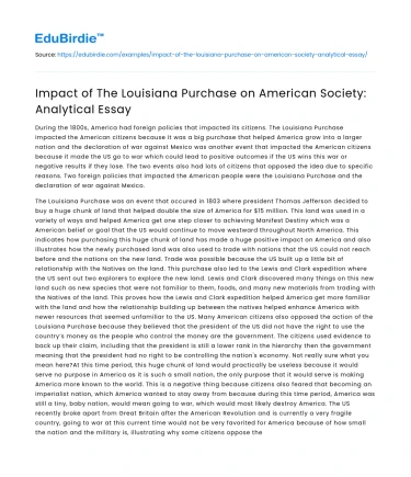 Impact of The Louisiana Purchase on American Society: Analytical Essay