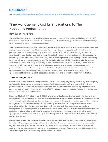 Time Management And Its Implications To The Academic Performance