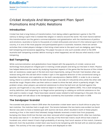 Cricket Analysis & Management Plan: Sport Promotions & PR