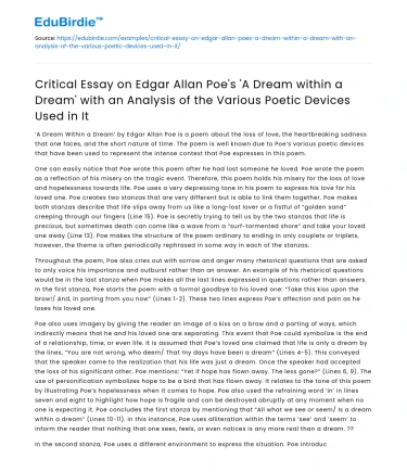 Analysis of Poe’s ‘A Dream within a Dream’ & its Poetic Devices