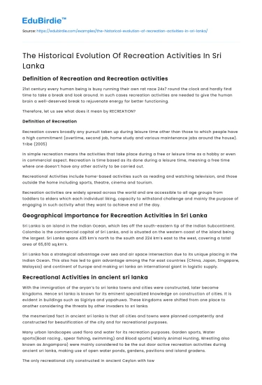 The Historical Evolution Of Recreation Activities In Sri Lanka