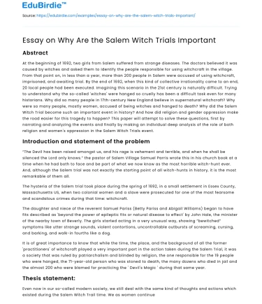 Essay on Why Are the Salem Witch Trials Important