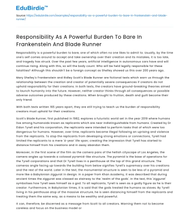 Responsibility in Frankenstein & Blade Runner