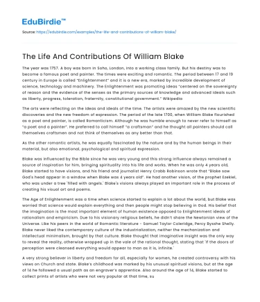 The Life And Contributions Of William Blake