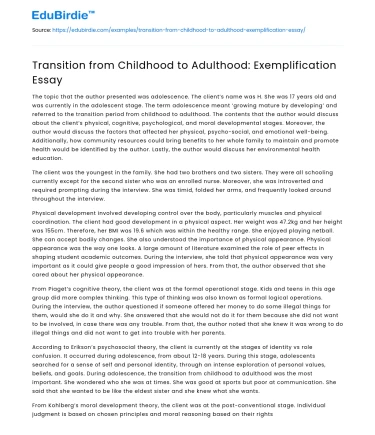 Transition from Childhood to Adulthood: Exemplification Essay