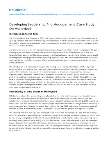 Developing Leadership And Management: Case Study On Moneyball