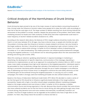 Critical Analysis of the Harmfulness of Drunk Driving Behavior