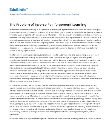 The Problem of Inverse Reinforcement Learning