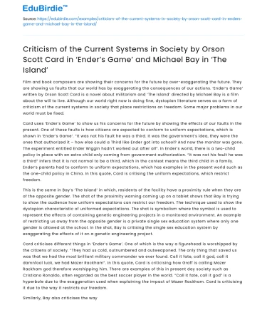 Criticism of Society in ‘Ender’s Game’ and ‘The Island’