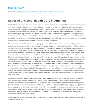 Issues of Universal Health Care in America