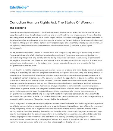 Canadian Human Rights Act: The Status Of Woman