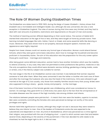 The Role Of Women During Elizabethan Times