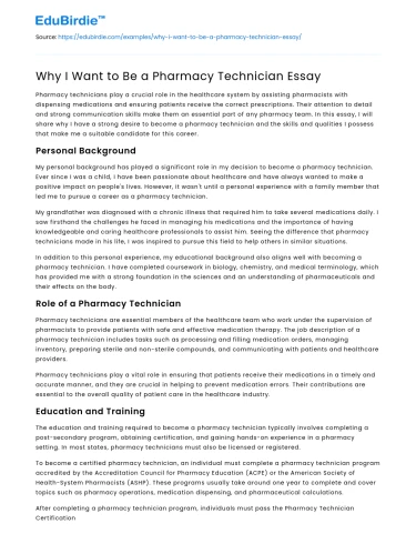 Why I Want to Be a Pharmacy Technician Essay