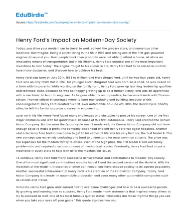 Henry Ford’s Impact on Modern-Day Society