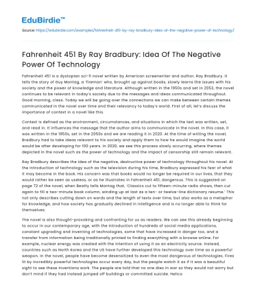 Fahrenheit 451 By Ray Bradbury: Idea Of The Negative Power Of Technology