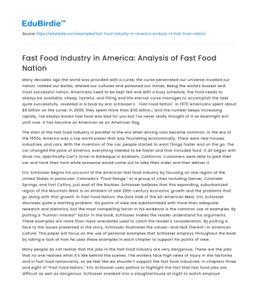 Fast Food Industry in America: Analysis of Fast Food Nation