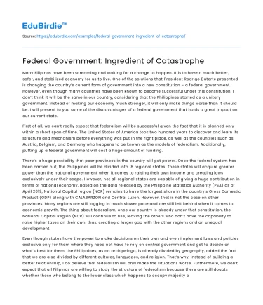 Federal Government: Ingredient of Catastrophe