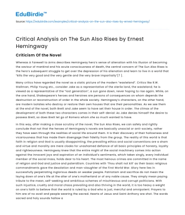 Critical Analysis on The Sun Also Rises by Ernest Hemingway