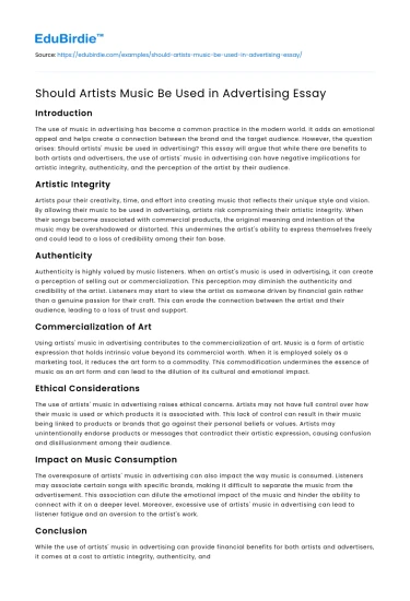 Should Artists Music Be Used in Advertising Essay