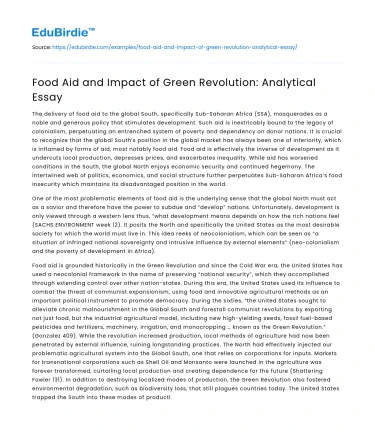 Food Aid and Impact of Green Revolution: Analytical Essay