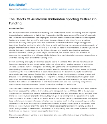 The Effects Of Australian Badminton Sporting Culture On Funding