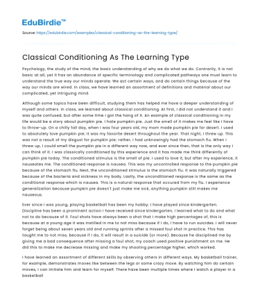 Classical Conditioning As The Learning Type