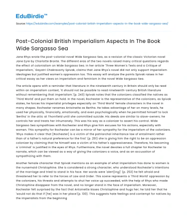 Post-Colonial British Imperialism Aspects In The Book Wide Sargasso Sea