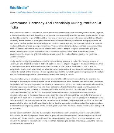 Communal Harmony And Friendship During Partition Of India