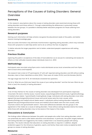 Perceptions of the Causes of Eating Disorders: General Overview