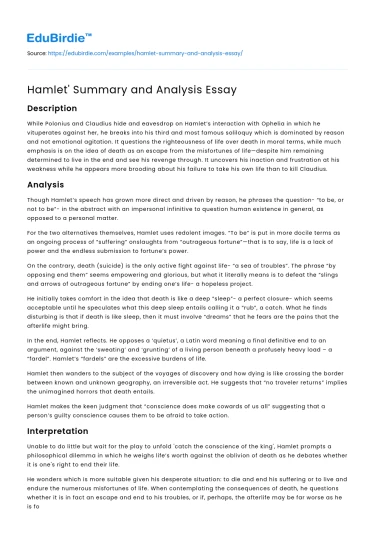 Hamlet’ Summary and Analysis Essay