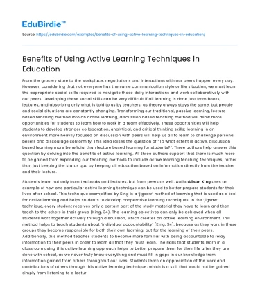 Benefits of Using Active Learning Techniques in Education