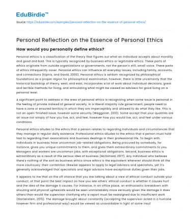 Personal Reflection on the Essence of Personal Ethics