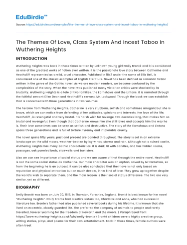 The Themes Of Love, Class System And Incest Taboo In Wuthering Heights