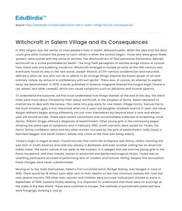Witchcraft in Salem Village and Its Consequences
