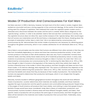 Modes Of Production And Consciousness For Karl Marx